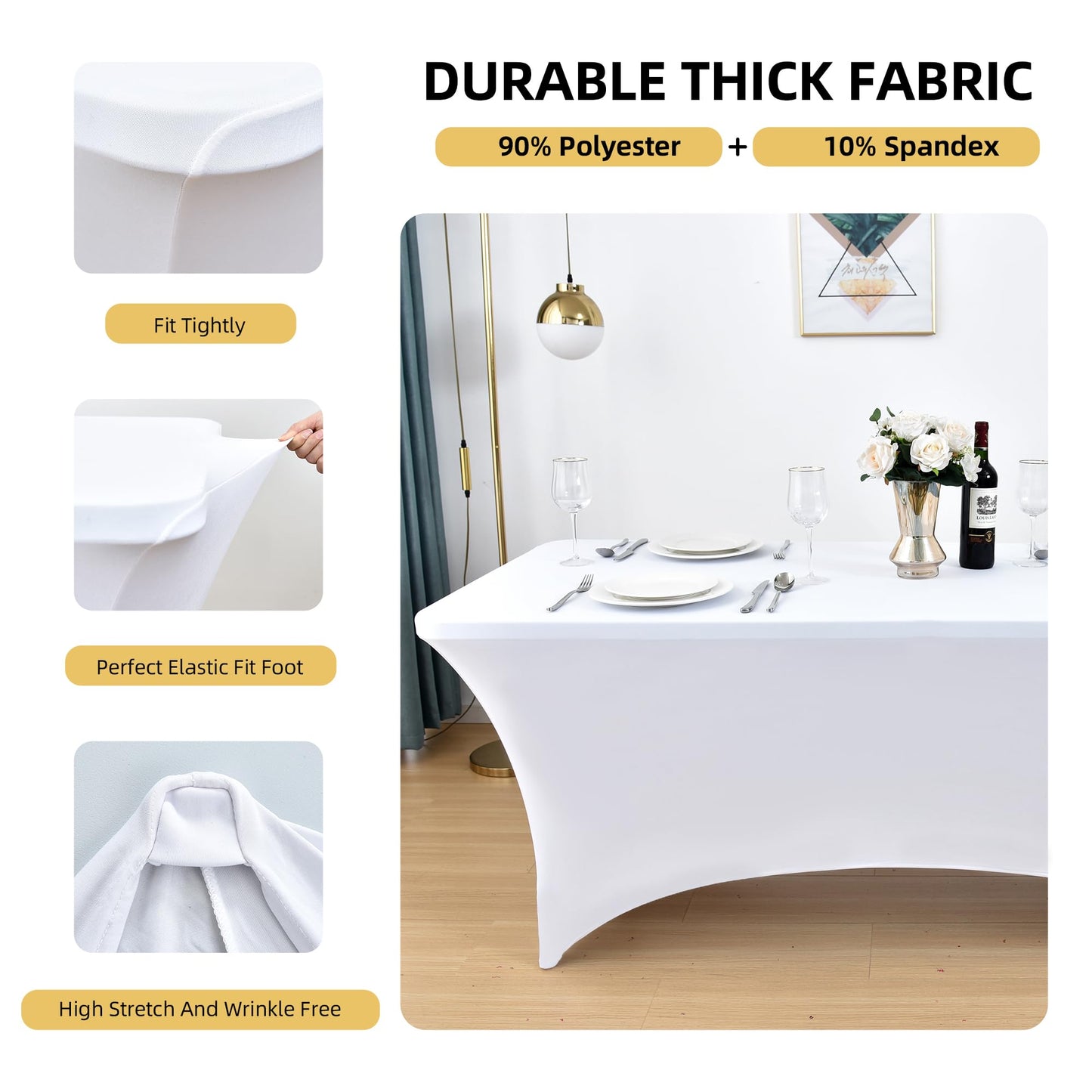 ZarzaaSik 2-Pack 4ft White Spandex Table Covers for Rectangular Folding Tables - Wrinkle Resistant Stretch Tight Table Cloths - Ultimate Fitted Table Protector for Parties, Banquet, and Wedding