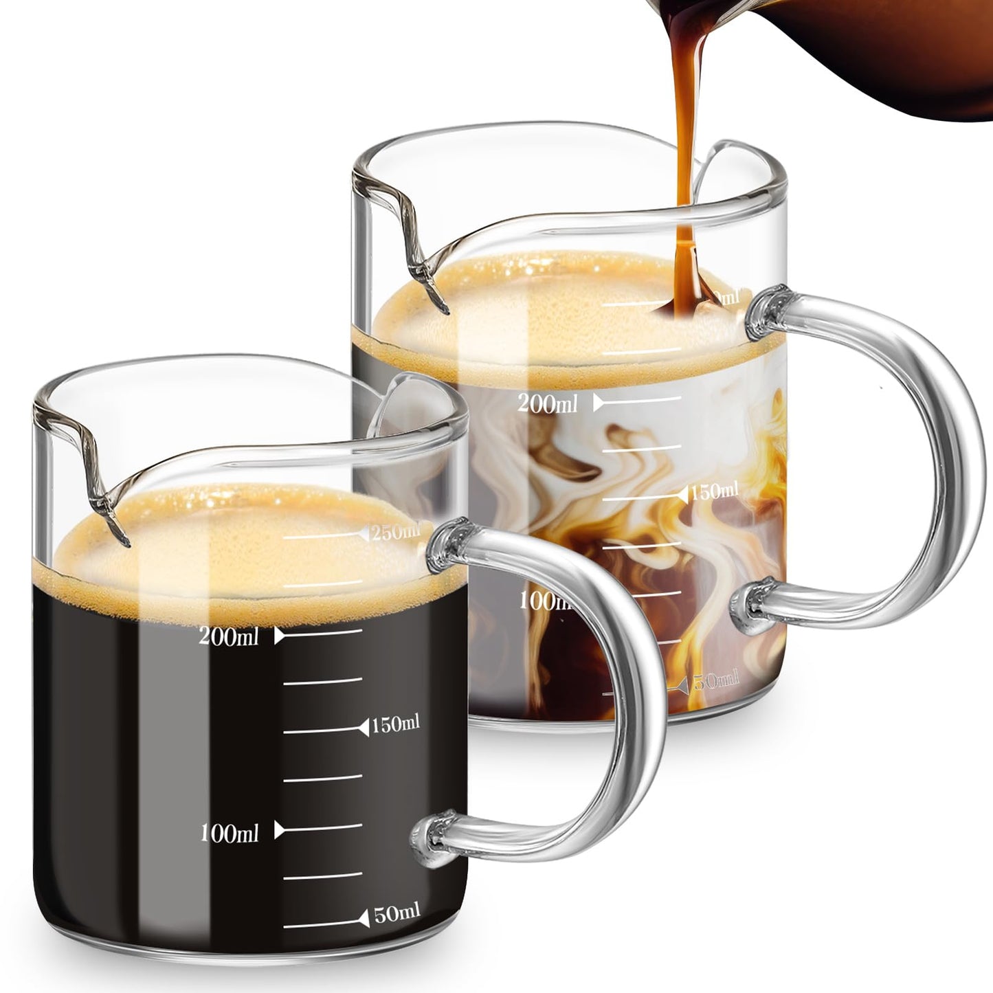 Patelai 2 Pcs 8oz Espresso Cups, Glass Measuring Cups with Double Spouts & Handle, Milk Frothed Cup Coffee Bars Accessories for Machine, Scale Glass Jars for Coffee, Water, Yogurt, Juice, Oil, 250ml