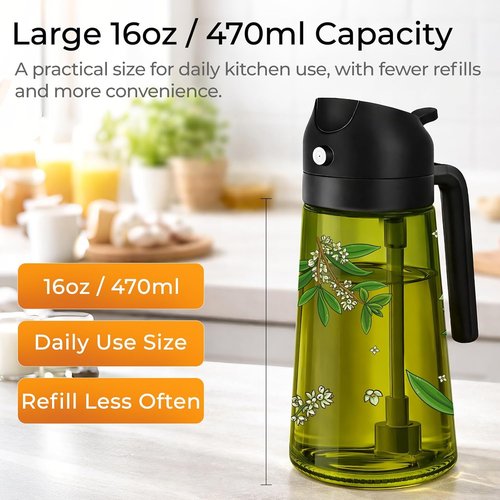 COOLMI Olive Oil Sprayer - 2-in-1 Food-Grade Glass Dispenser Set, 16oz/470ml, Black