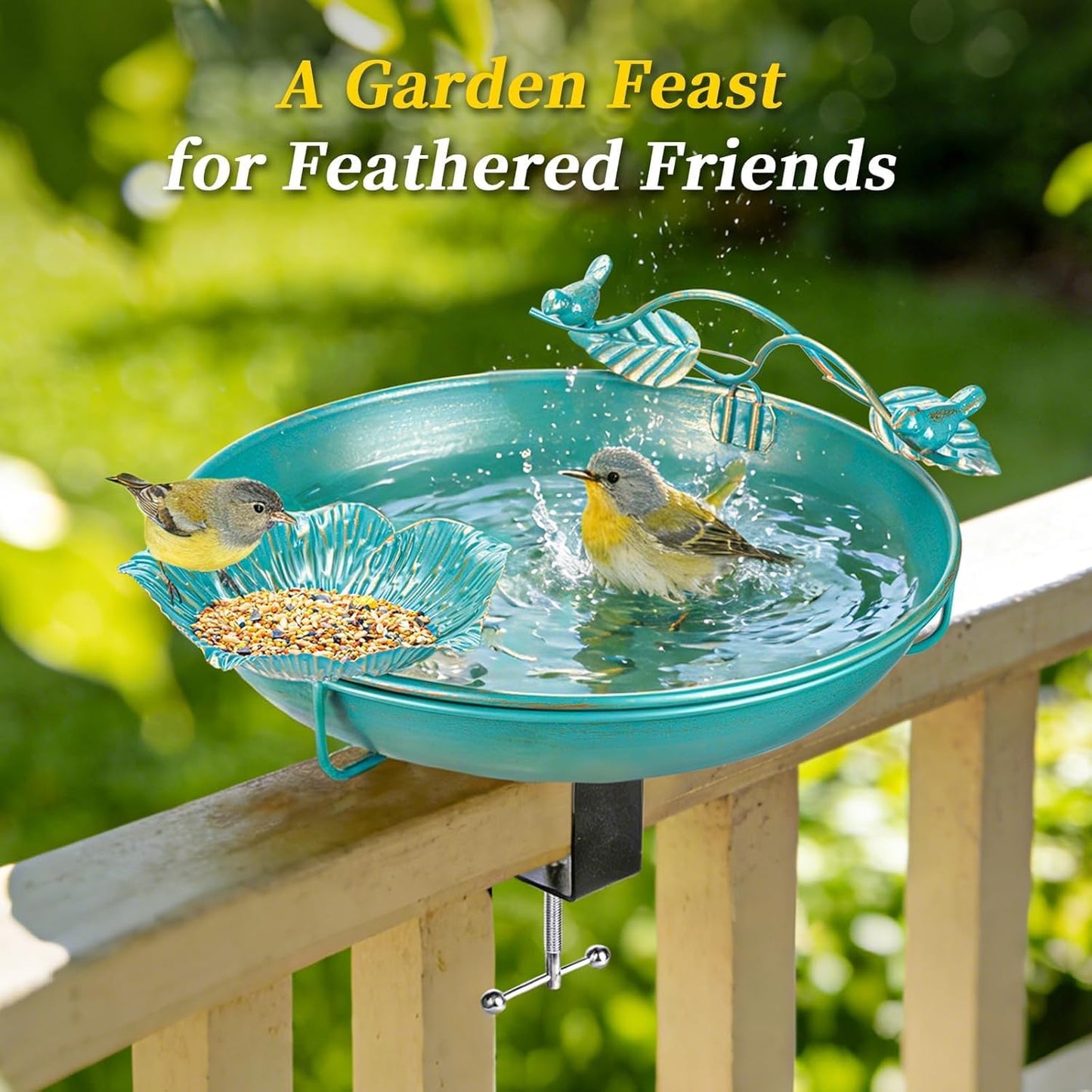 Mellbree Bird Bath - Deck Mounted 12" Metal Birdbath with Perch & Feeder Bowl | Lake Blue & Gold Gilding
