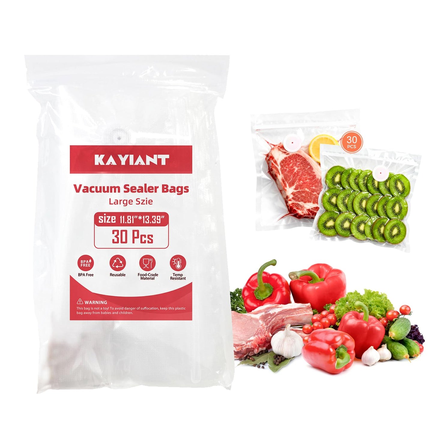 Vacuum Sealer Bags Extra Large Size 12 x 13 Inch 30 Bags, Food Storage, BPA Free, Food Saver, Meal Prep,Sous Vide, Heavy Duty, Airtight
