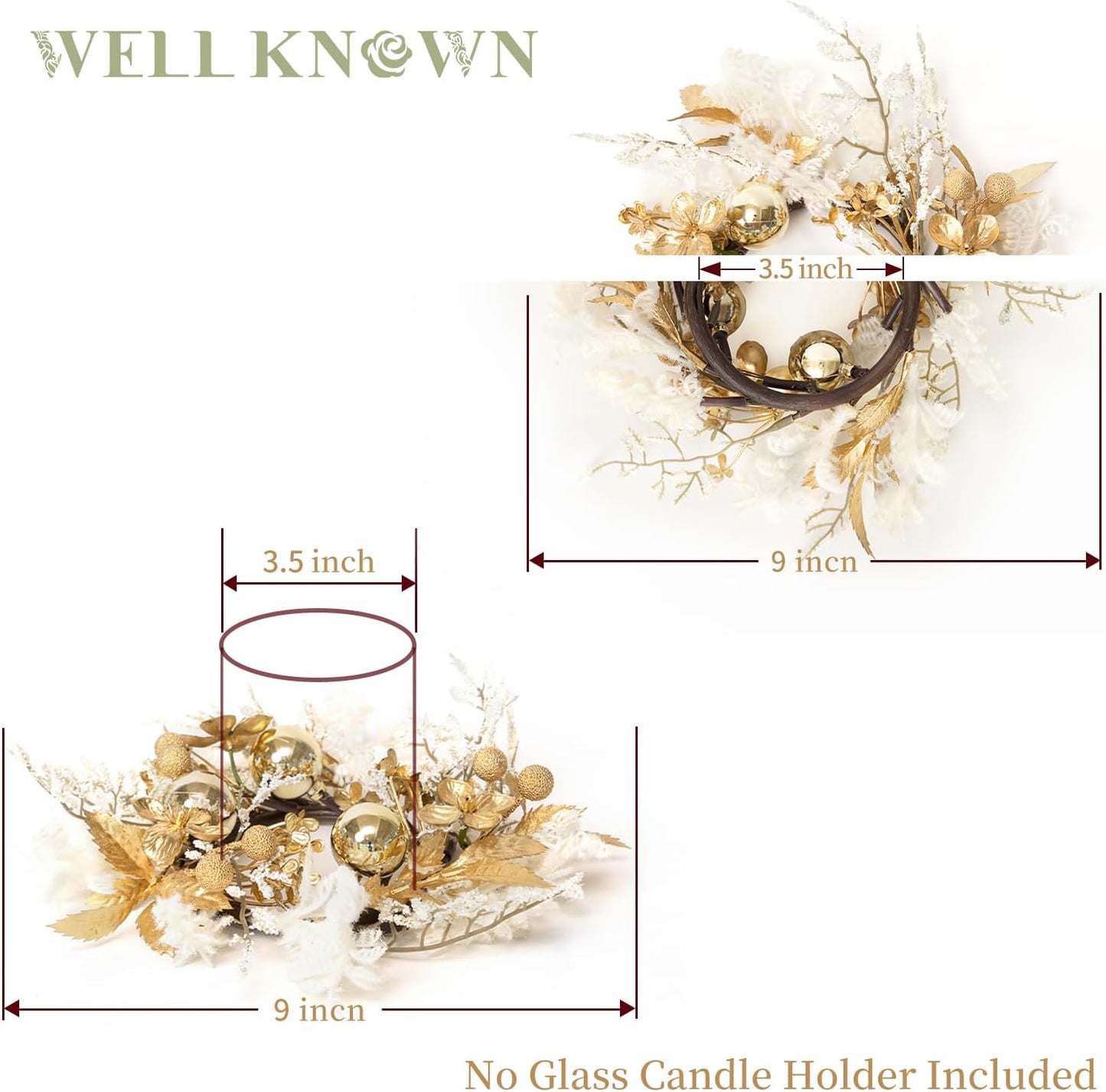 Skiennix 2 Pcs 9" Mini Golden White Floral Candle Rings - Elegant Home Decor for Pillars & Windows