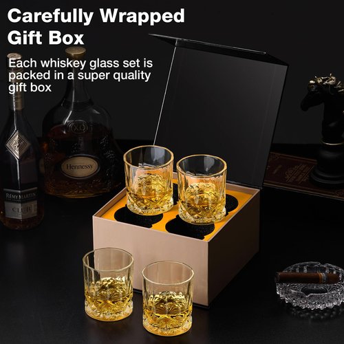 Hlukana Luxury Box Old Fashioned Whiskey Glasses Set of 4, 11 OZ Cocktail Glasses, Bourbon Rocks Scotch Glasses, Barware for Scotch Rum Vodka Liquor, Gifts for Men Father Grandfather Boss
