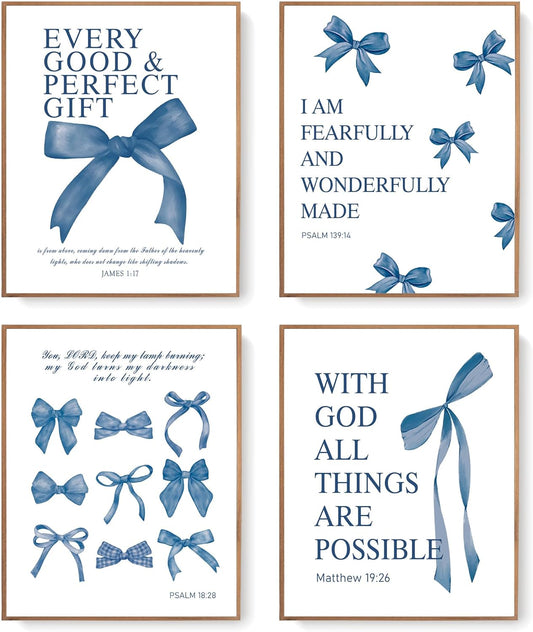 LARTSFRO Coquette Navy Blue Bow Wall Art - Aesthetic Decor for Teen Girls | Set of 4 Unframed 10x8 Inch Prints