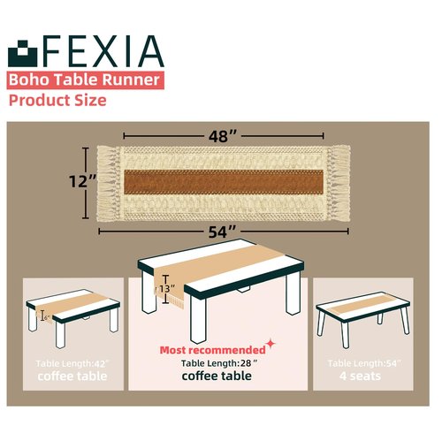 FEXIA Boho Table Runner 48 Inches Long Thanksgiving Decor with Tassels Farmhouse Style for Party Wedding Baby Bridal Shower Dining Decor Middle Brown (12x48 Inches)
