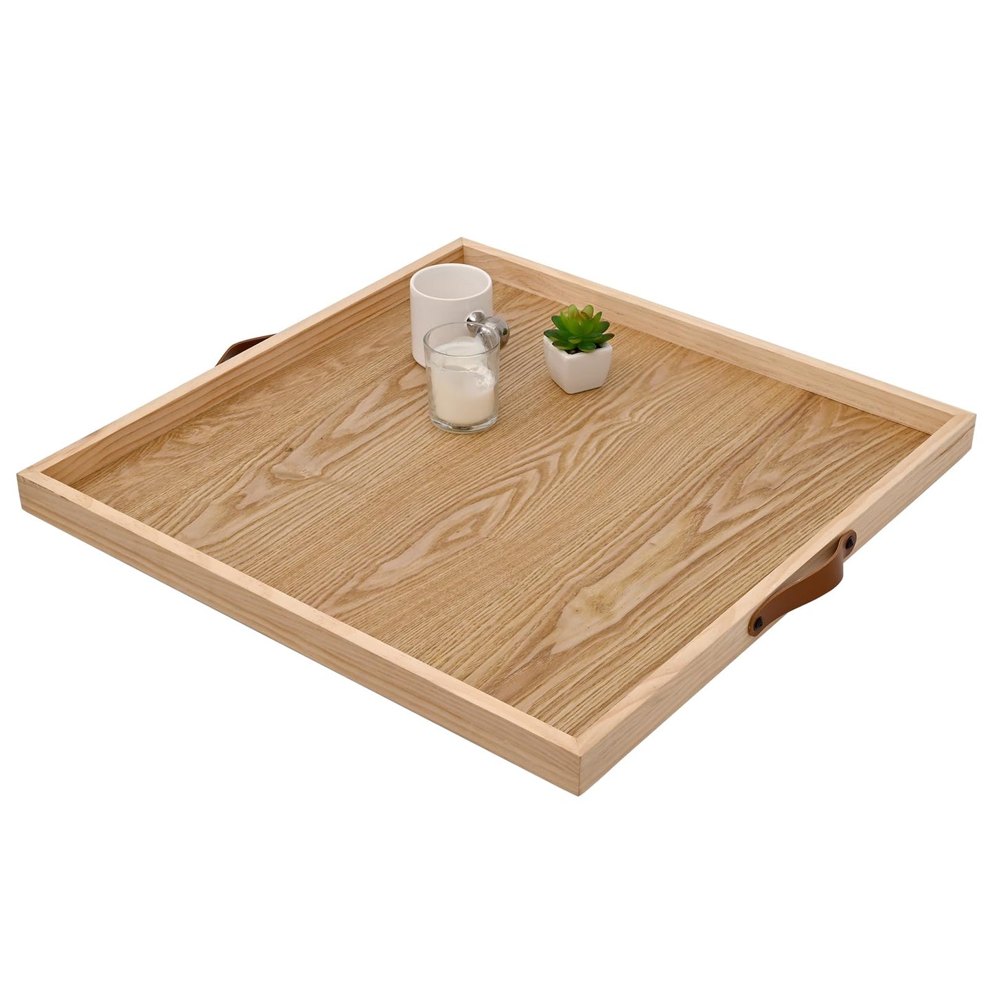 SwallowLiving 24 x 24 Inches Extra Large Square Wood Ottoman Tray with Leather Handles, Wooden Natural