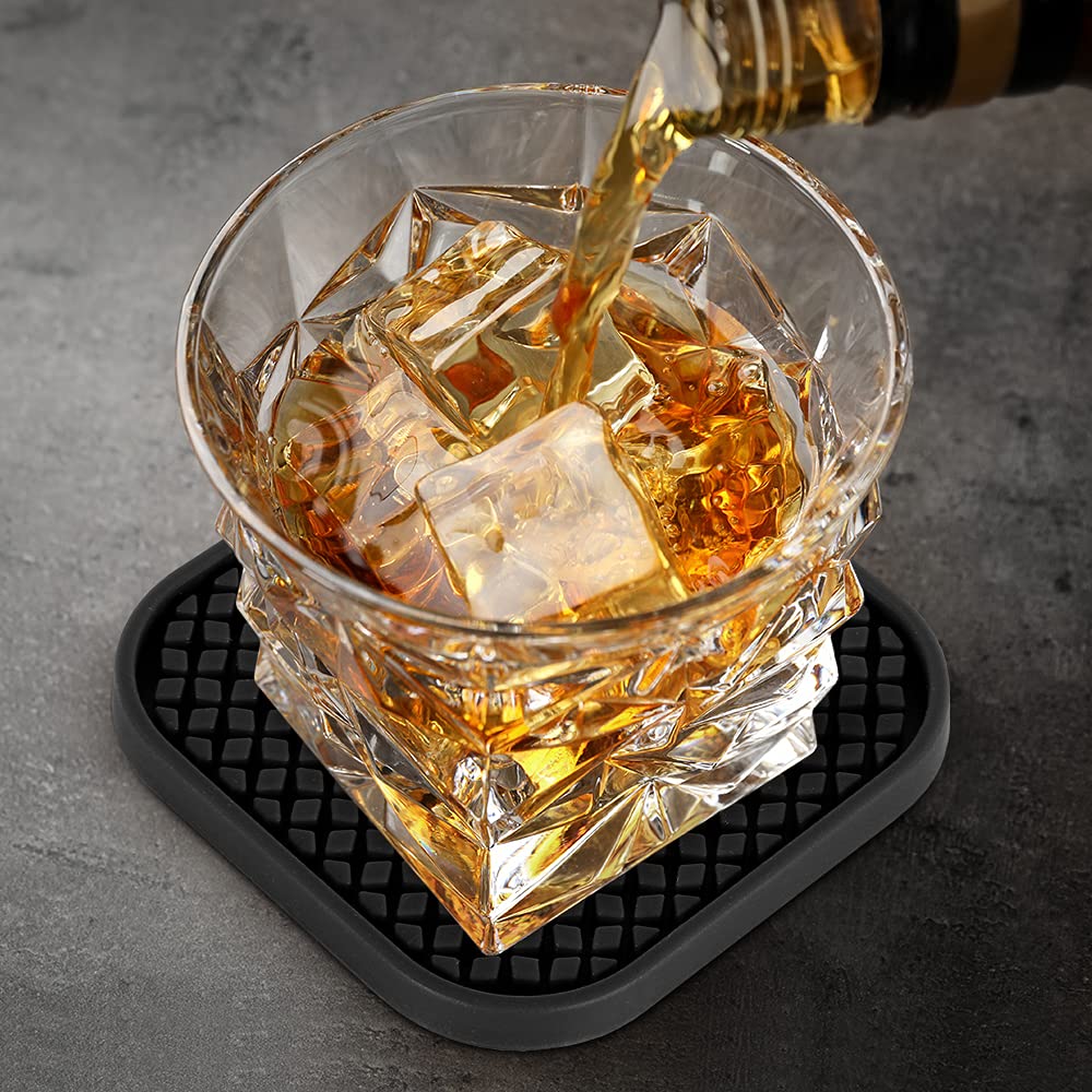 ME.FAN Silicone Coasters with Holder [6 Pack] Square Drink Cup Mat - Non-Slip, Non-stick, Stay Put, Deep Tray - Prevents Furniture and Tabletop Damages Deep Gray