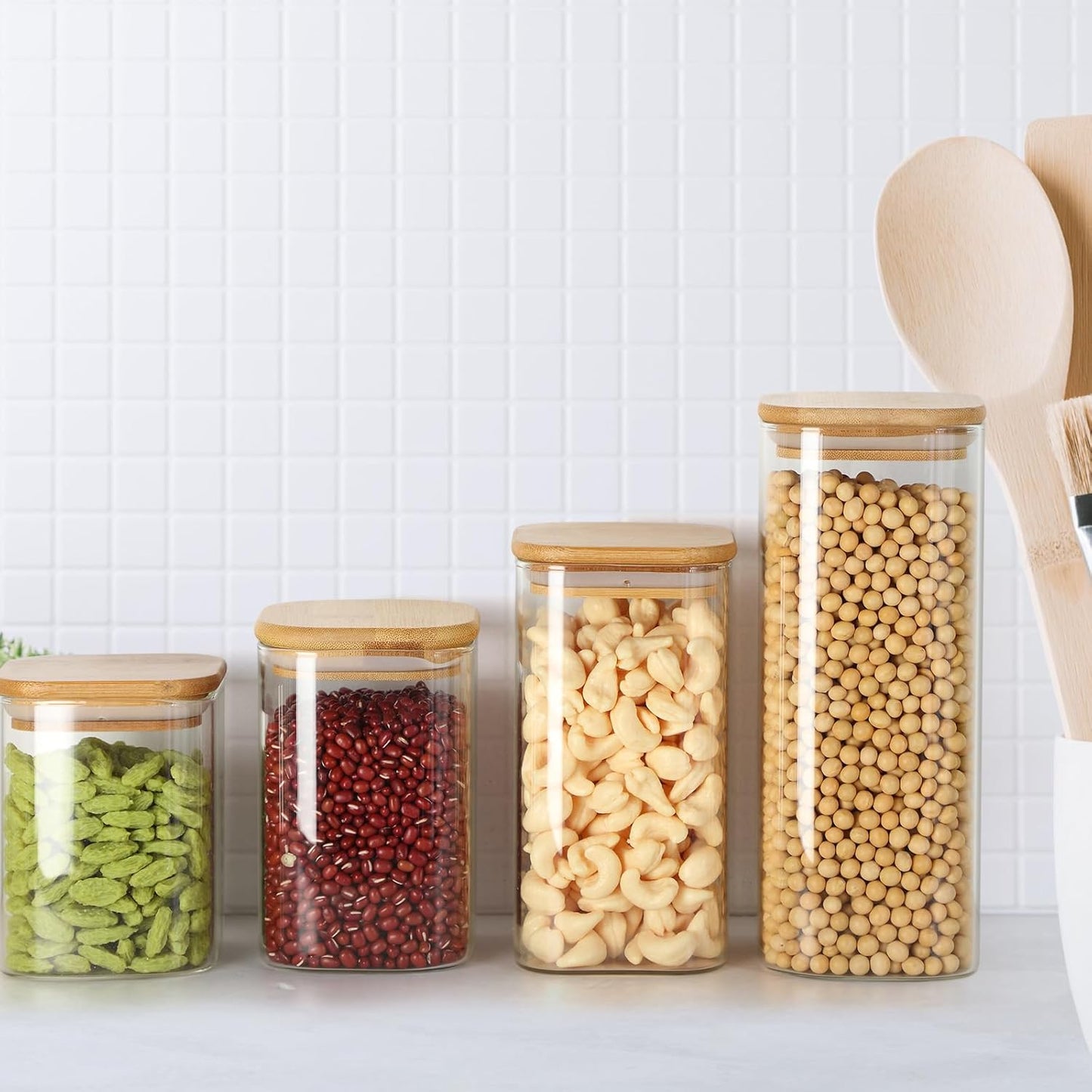 Qinyoung Glass Storage Jars - 24 Pcs Airtight Containers with Bamboo Lids | Clear Square, 4 Sizes (0.5-1 Qt) for Kitchen Organization