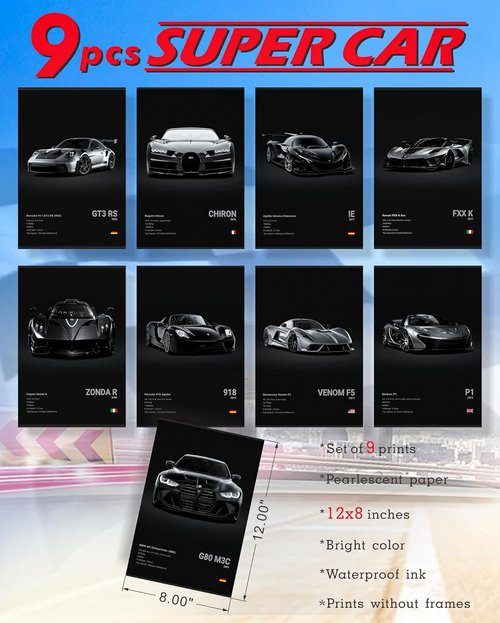 Dazongweihan 9-Piece Racing Car Poster Set - Vibrant Wall Art for Boys' Rooms | Unframed 8x12 Inch Decor