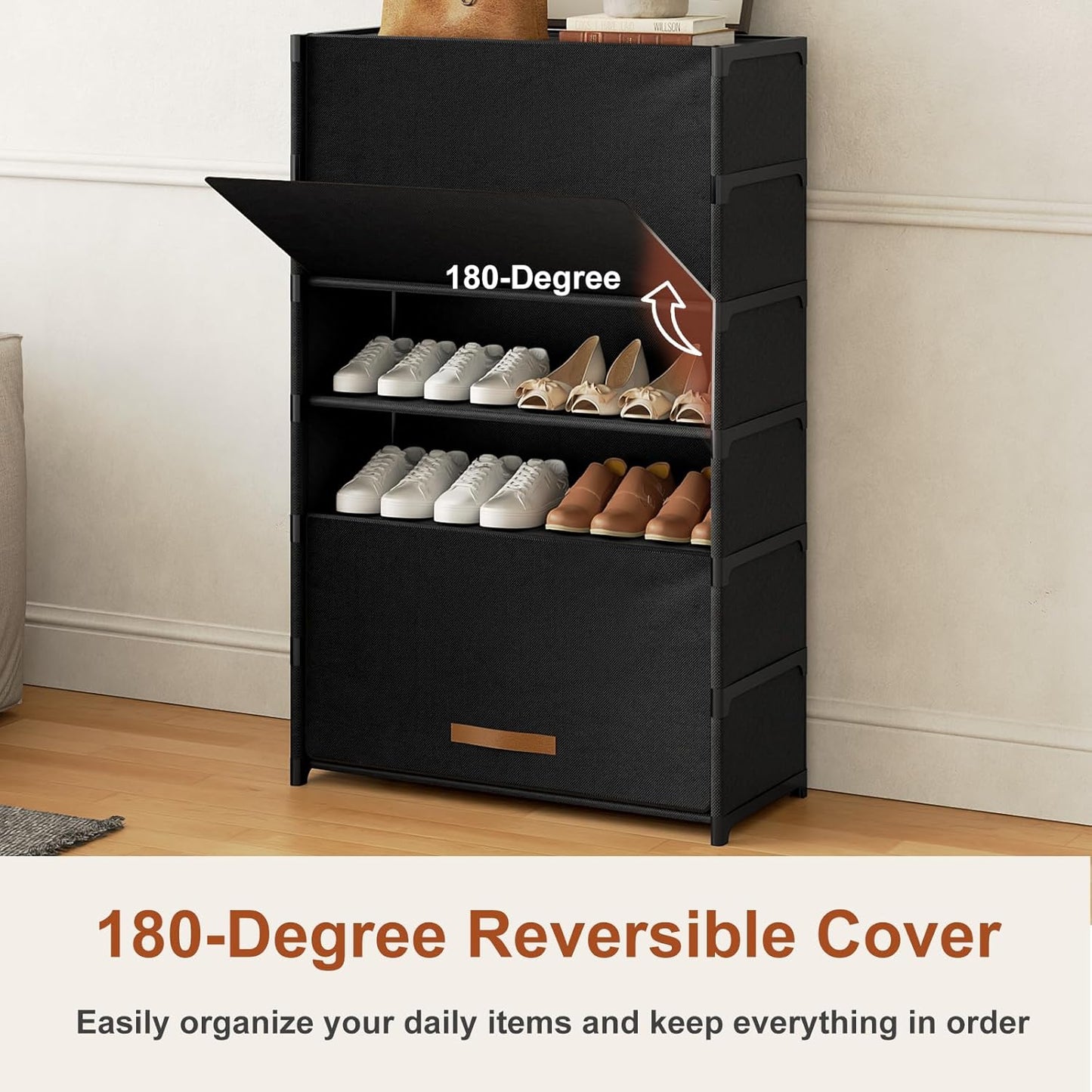 Skiennix 7-Tier Shoe Rack - 28 Pair Plastic Storage Cabinet with Door for Closet & Entryway | Black