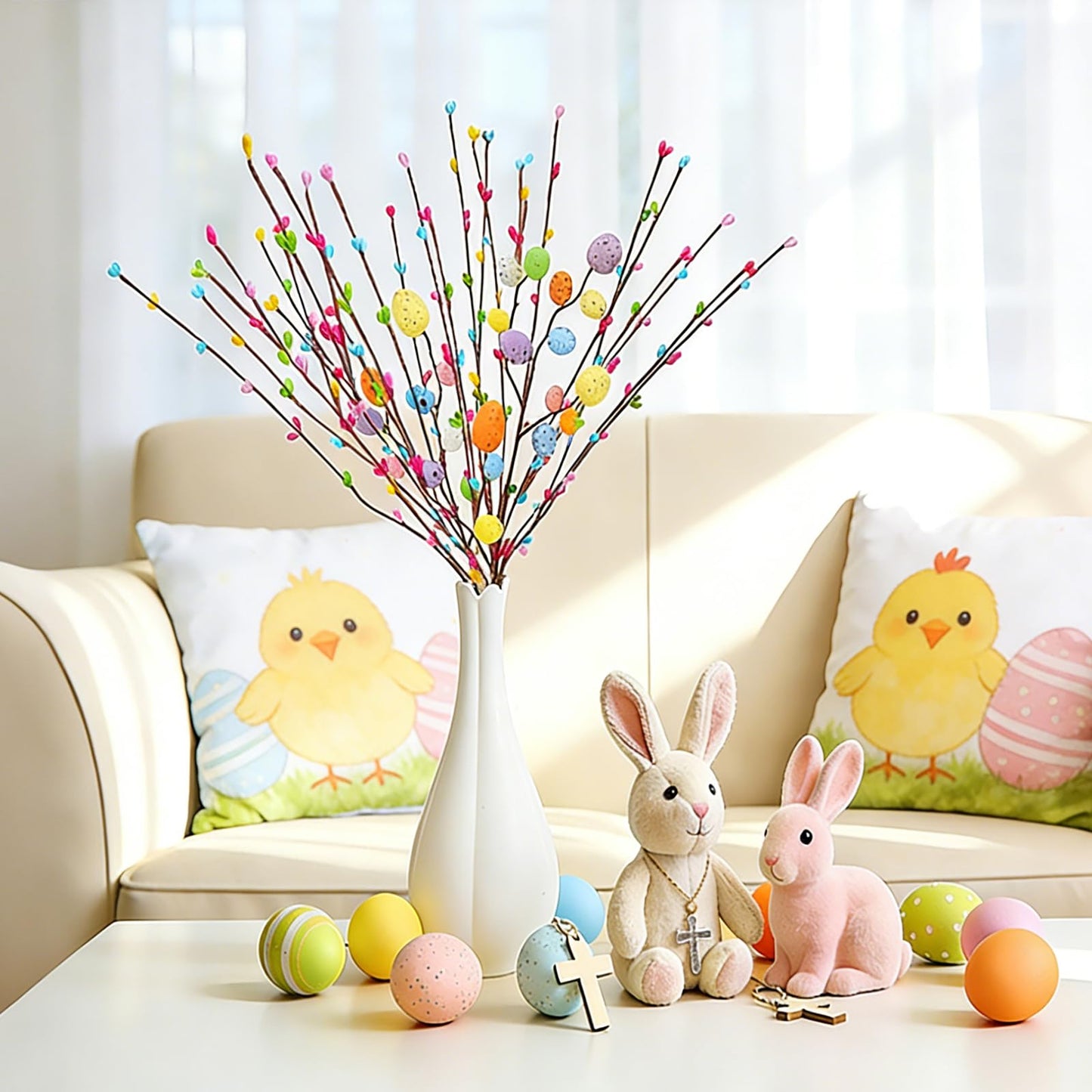 SBOQIXFM Artificial Easter Spray Vines with Pastel Eggs and Berries Spring Floral Stems, Easter Egg Twig Branches for Floral Arrangements, Centerpieces & Wreath Decorations (26 Pcs)