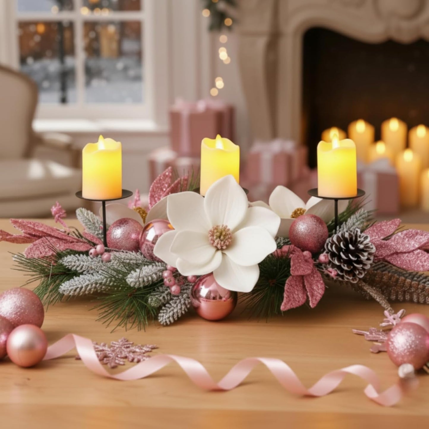 Maxdot Pink Christmas Candle Holder - Elegant Metal Poinsettia Design | Perfect Table Centerpiece for Holiday Decor
