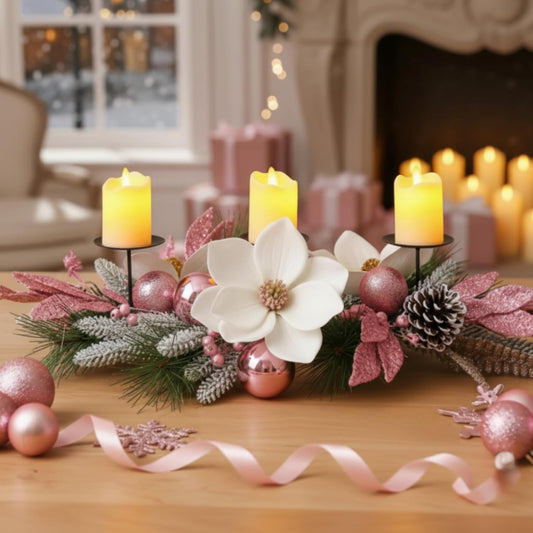 Maxdot Pink Christmas Candle Holder - Elegant Metal Poinsettia Design | Perfect Table Centerpiece for Holiday Decor