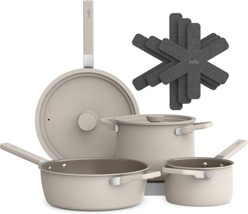 Bella 9-Piece Ceramic Nonstick Cookware Set - Dishwasher & Oven Safe | Stackable Design, Cool Touch Handles, Oatmilk