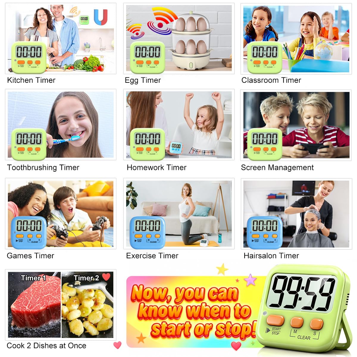 Antonki 2 Pack Digital Timer for Kids, Magnetic Countdown Kitchen Timers for Cooking, Egg, Classroom, Teacher, Exercise, Study, Oven - Battery Included