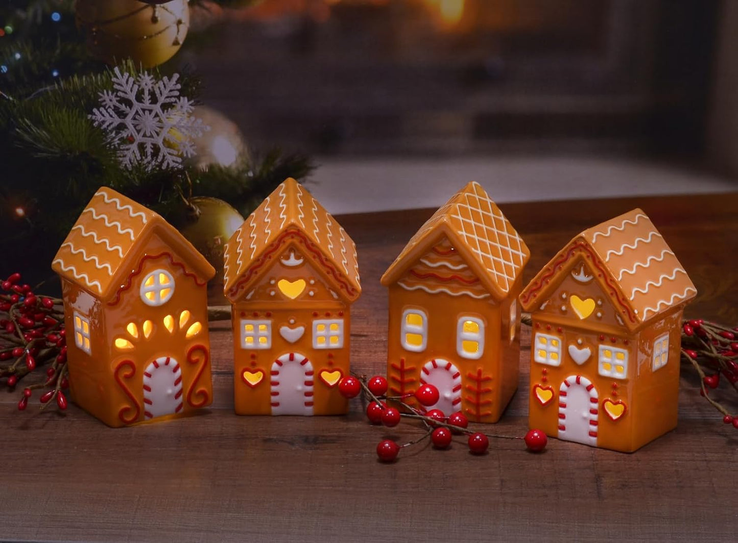 Mark Feldstein & Associates Ceramic Holiday LED Gingerbread Village Houses - Set of 4, 4 Inch