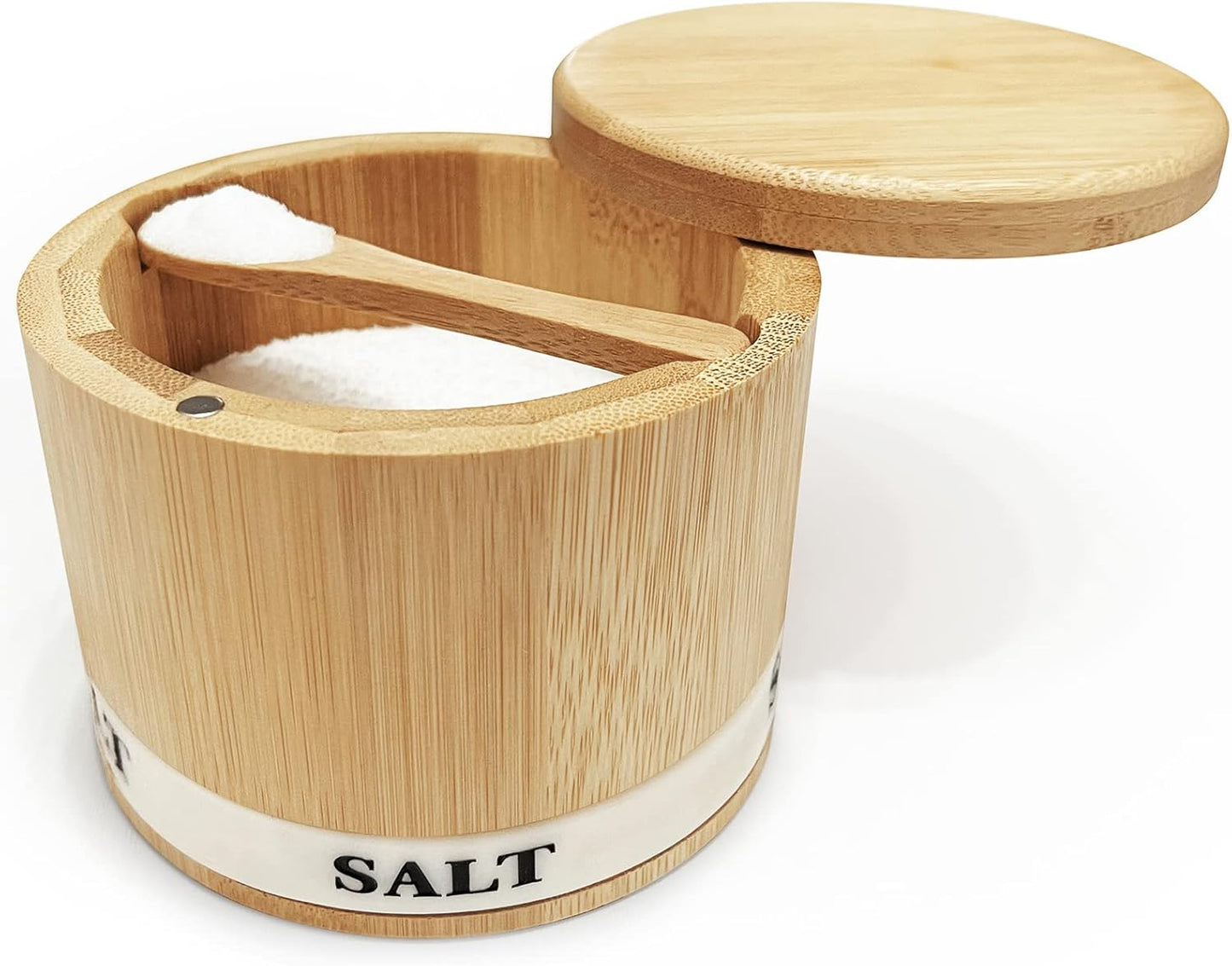 ThougrLyh Bamboo Salt Box - Magnetic Swivel Lid Salt Cellar with Spoon for Spices & Herbs