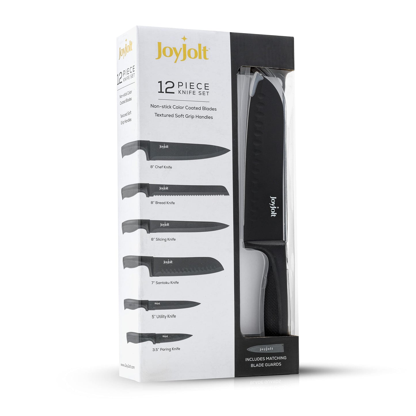 JoyJolt 12pc Kitchen Knives Set (Black). Chefs Knife Set with Sheath Covers. Chef, Butcher, Bread, Slicing, Santoku, Utility and Paring Home And Kitchen Knives Sets