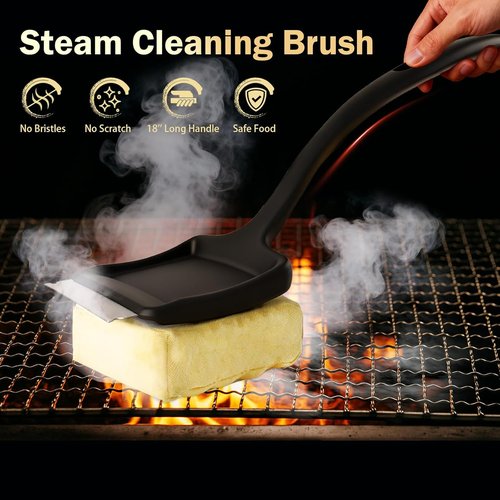 GrillChef BBQ Grill Brush - Bristle-Free Cleaner with Replacement Wavy Head | 18-Inch Long Handle