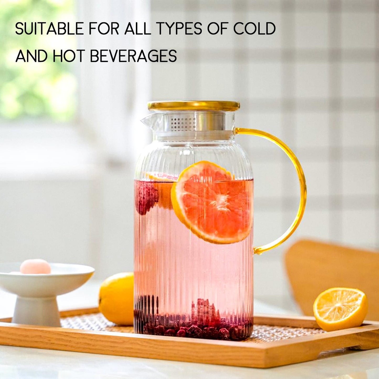 2 PACK Glass Pitcher with Lid and Handle,68 oz/ 2 Liter Vertical Stripes Water Pitcher,Glass Water Carafe for Fridge,Hand Blown Heat Resistant Borosilicate Water Jug for Hot/Cold Drinks