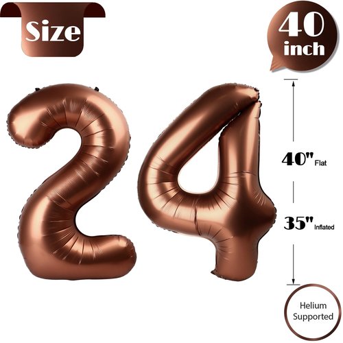Dark Brown Number 24 Balloon 40 inch, Coffee Brown 24 Number Balloons, 24st Birthday Decorations, Chocolate 24 Year Old Women Men Party Supplies