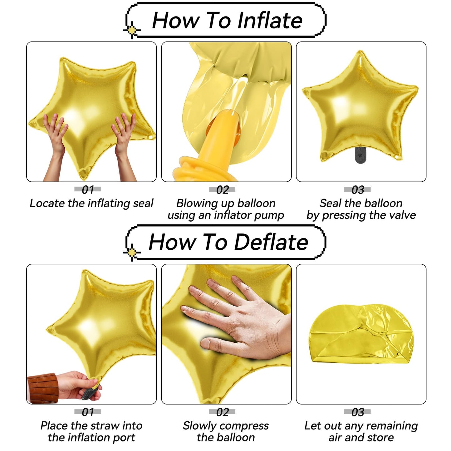 Gold Star Balloons, 22/18/10 Inch Foil Balloons, Four-Pointed Balloon for Women Men Birthday Graduation Celebration Wedding Baby Shower Decorations