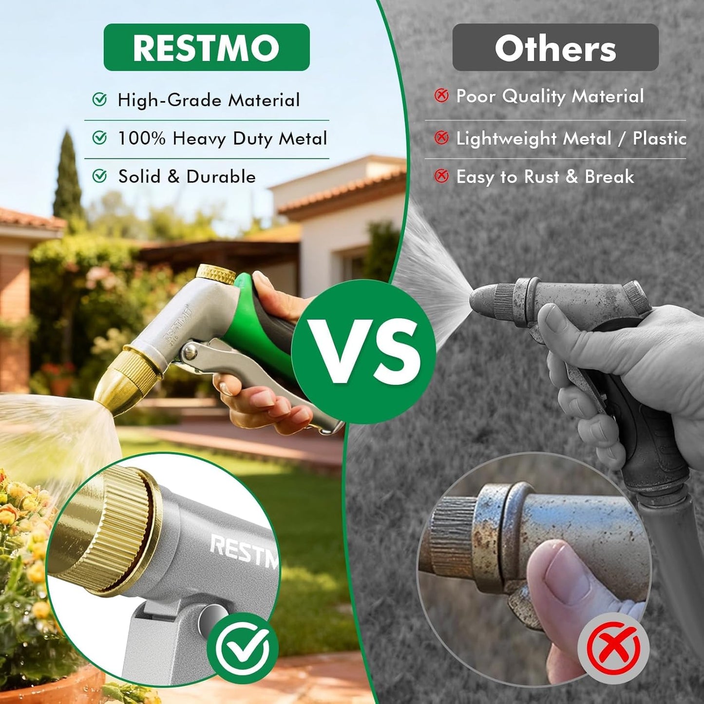 RESTMO Heavy Duty Metal Hose Nozzle - High Pressure Sprayer with Adjustable Patterns for Garden, Car, Pet | Green