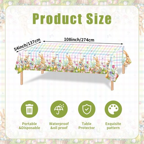 3-Piece 54 x 108 Inch Easter Plaid Plastic Tablecloth – Bunny and Easter Egg Disposable Rectangle Table Covers with Pastel Checkered Design for Easter Party, Spring Celebration and Holiday Decorations