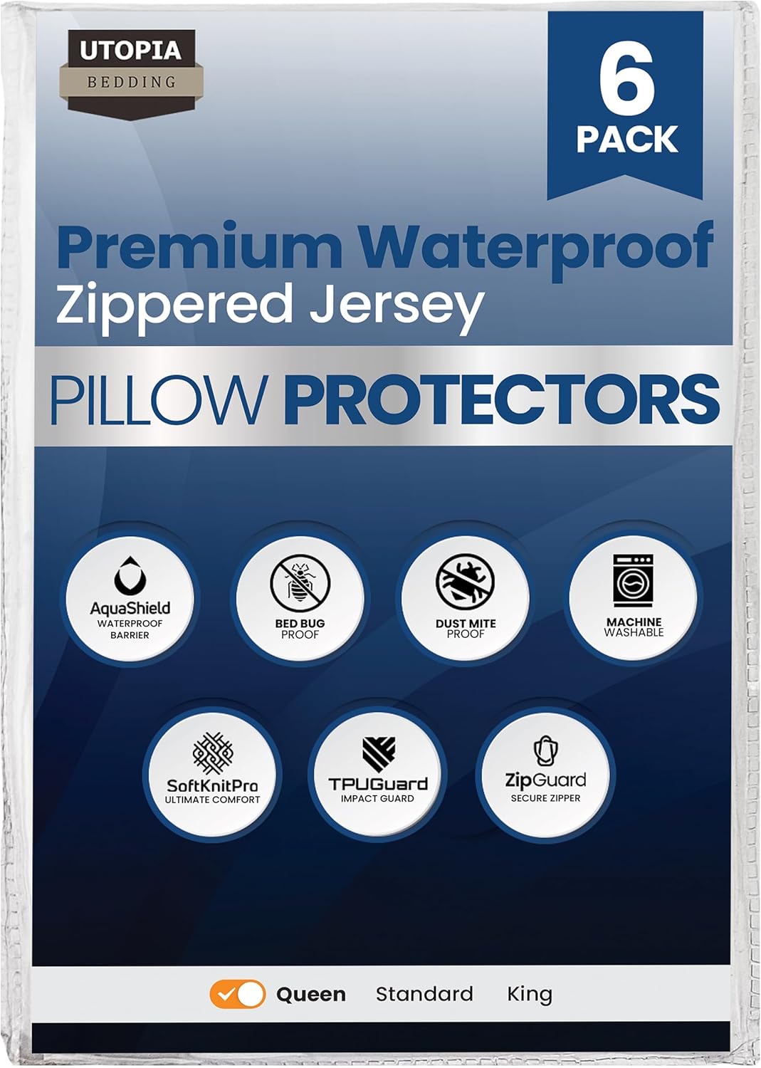 Utopia Bedding Pillow Protectors - Set of 6 Queen Size, Waterproof & Bed Bug Proof Encasements (White)
