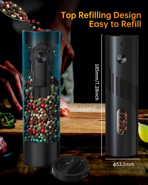 Circle Joy Electric Rechargeable Salt and Pepper Grinder Set - Automatic Mill with Adjustable Coarseness, LED | Easy-Fill Design for Home Kitchen