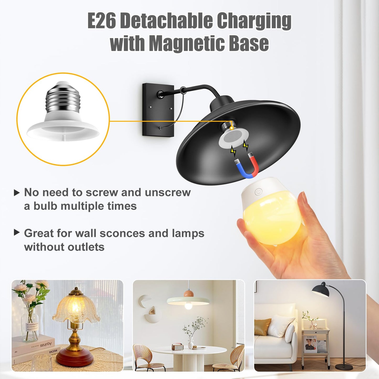 Brightown E26 Rechargeable Light Bulb with Remote and Timer, Battery Backup Bulb for Sconces and Lamps, E26 Detachable Charging for Non-Hardwired Fixture, 3 Color Temperatures + 9 RGB Colors, 4 Pack