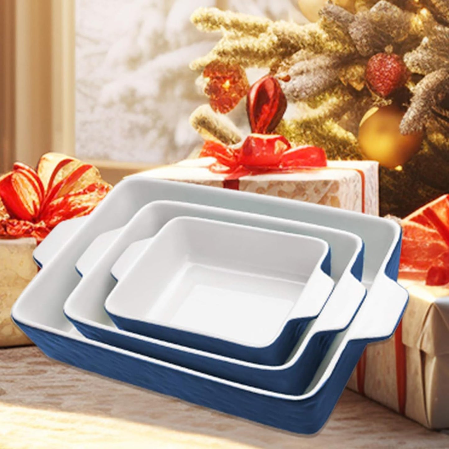Regine Switzerland Casserole Dishes - Ceramic Baking Pan Set of 3 | Deep Porcelain Lasagna Dish (11.6" x 7.8", Dark Blue)