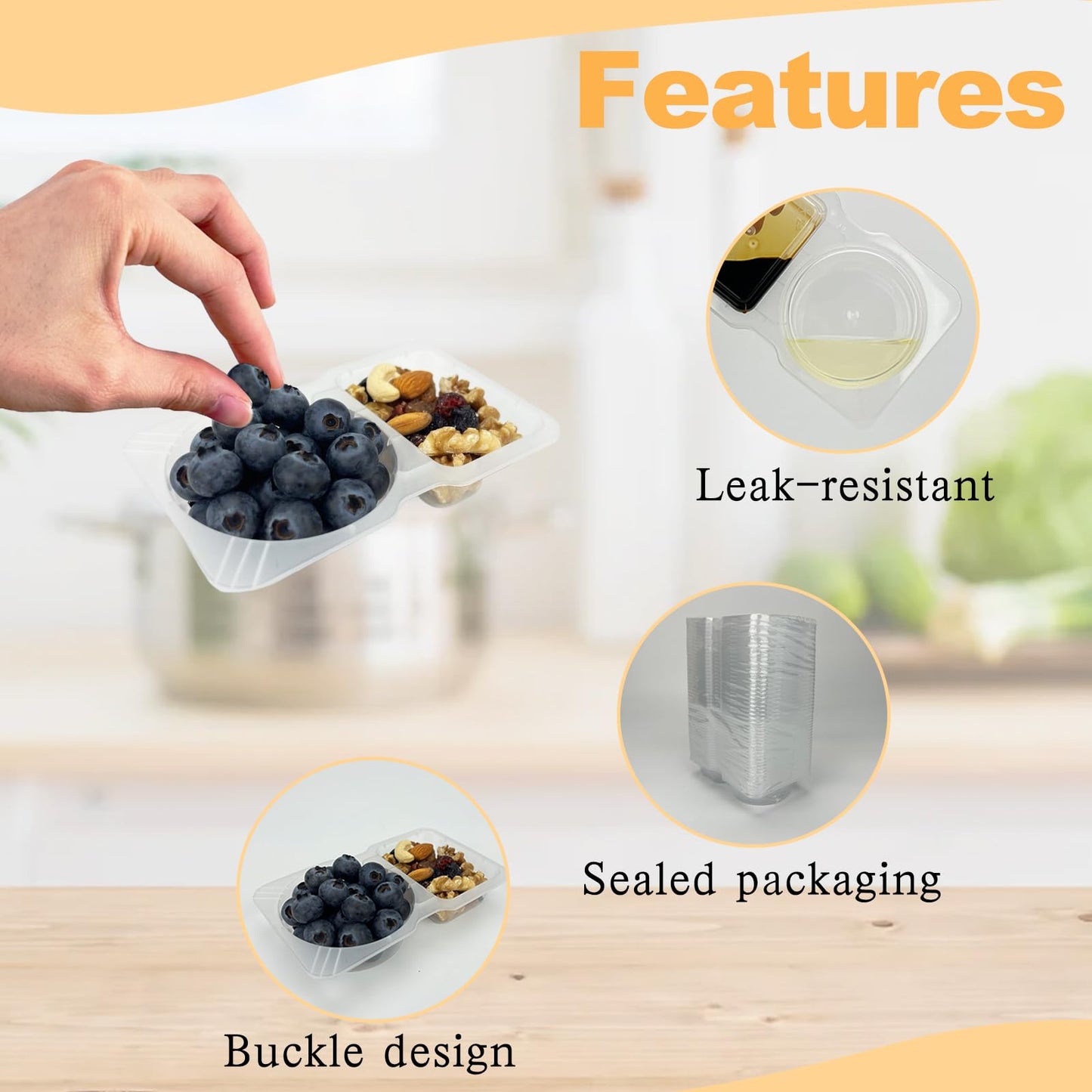 BIRDDIE 30 PCS Disposable Double Compartment Condiment Containers with Lid - 2-in-1 Transparent Plastic Snack Box for Sauce, Spices, Meal Prep, Picnics, Camping & Travel