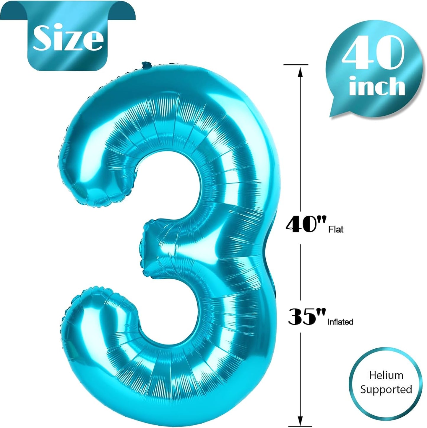 Light Blue Number 3 Balloon - 40 Inch 3rd Birthday Celebration Decor for Kids & Adults
