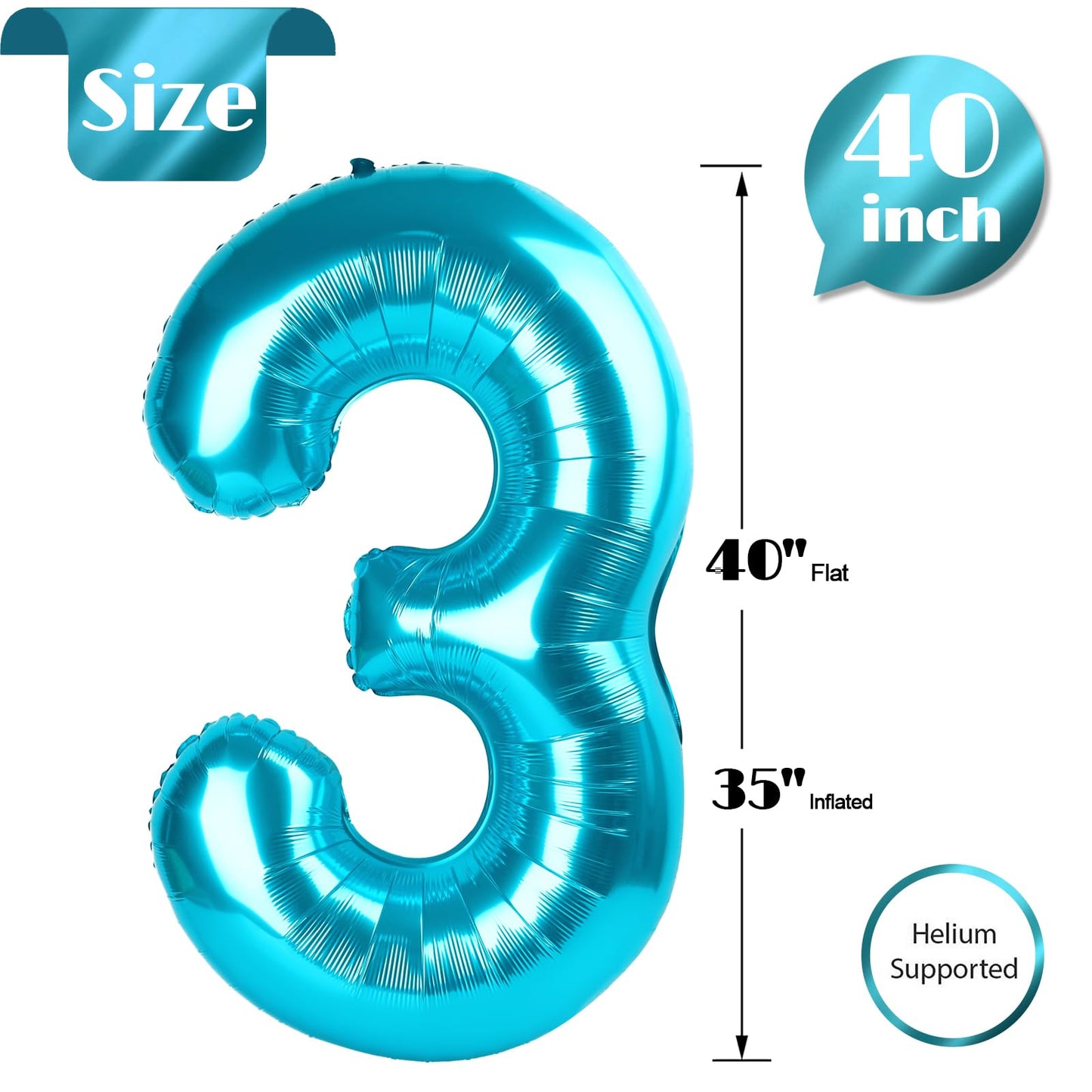Light Blue Number 3 Balloon 40 Inch, 3rd Birthday Celebration Supplies for Girls Boys Women Men, 3 Balloon for Girls Boys Theme Party