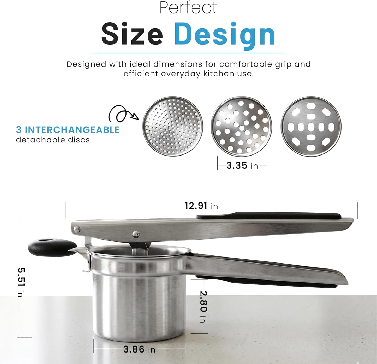 Potato Ricer - Heavy Duty Stainless Steel with 3 Interchangeable Discs & Non-Slip Handles | Perfect for Fluffy Mashed Potatoes, Black
