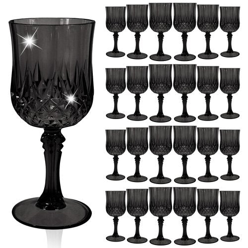 24 Pcs Black Plastic Wine Glasses, Plastic Goblets for Parties, Vintage Wine Glasses Bulk, Reusable Drinking Glass, Drinkware Cups for Wedding Party Reception Event Supplies