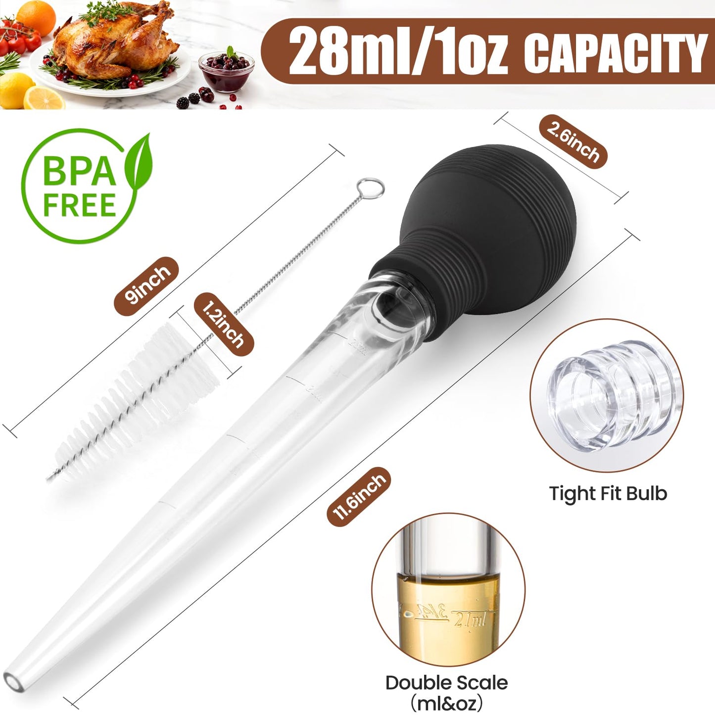 BAUSAR Large Turkey Baster for Cooking - Premium Baster Syringe for Hot Liquids - Heat-Resistant Silicone Bulb, Easy-Grip Design with Cleaning Brush - Dishwasher Safe - Baste Food with Ease - Black