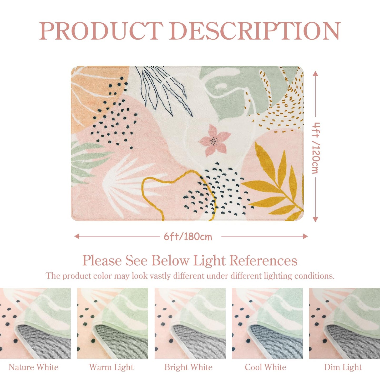 Lahome Pink Carpet for Living Room - 4x6 Area Rug for Bedroom Washable Non-Slip Boho Rug Throw Cute Soft Nursery Kids Rug, Abstract Botanical Print Indoor Rugs for Kitchen Entryway Laundry Dining Room