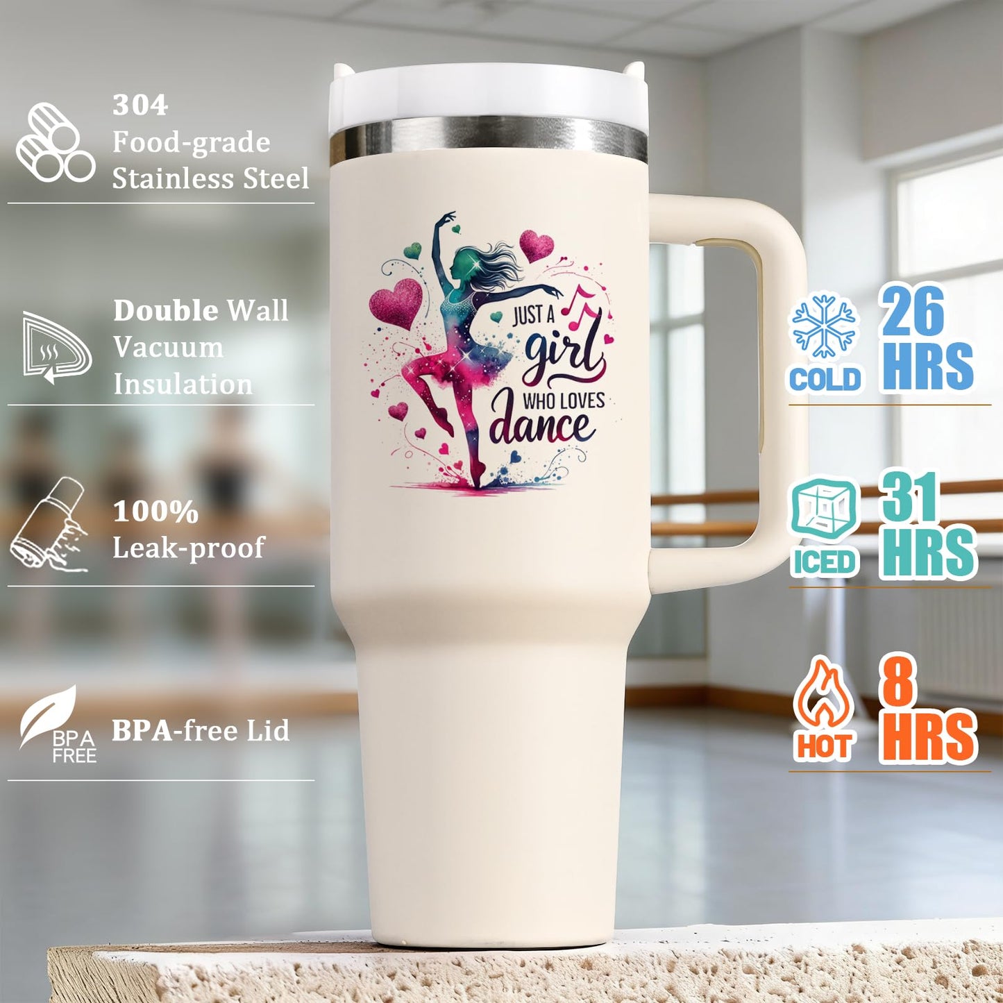 Lifecapido Dance Recital Gifts for Girls, Dancer 40oz Tumbler with Key Chain, Dancer Dance Gifts, Creamy