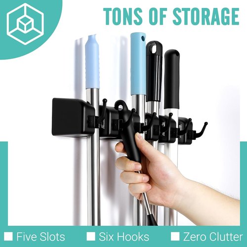 InPoTo Broom and Mop Holder - Wall Mounted Organizer with 5 Ball Slots & 6 Hooks | 2-Pack