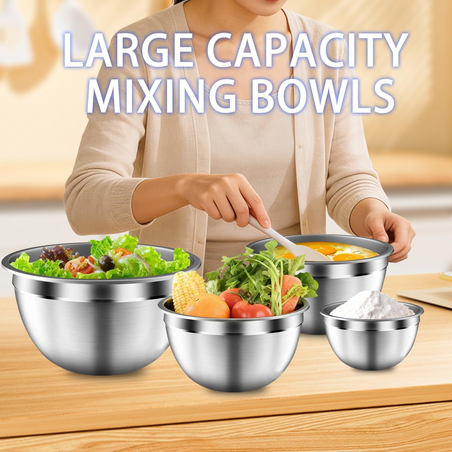 ZEENSUY Mixing Bowls with Airtight Lids Set, 5 PCS Stainless Steel Khaki Nesting Bowls for Kitchen, Large Prep Metal Mixing Bowls for Kitchen, 5.5/4/3.5/2/1.5 QT for Mixing & Serving