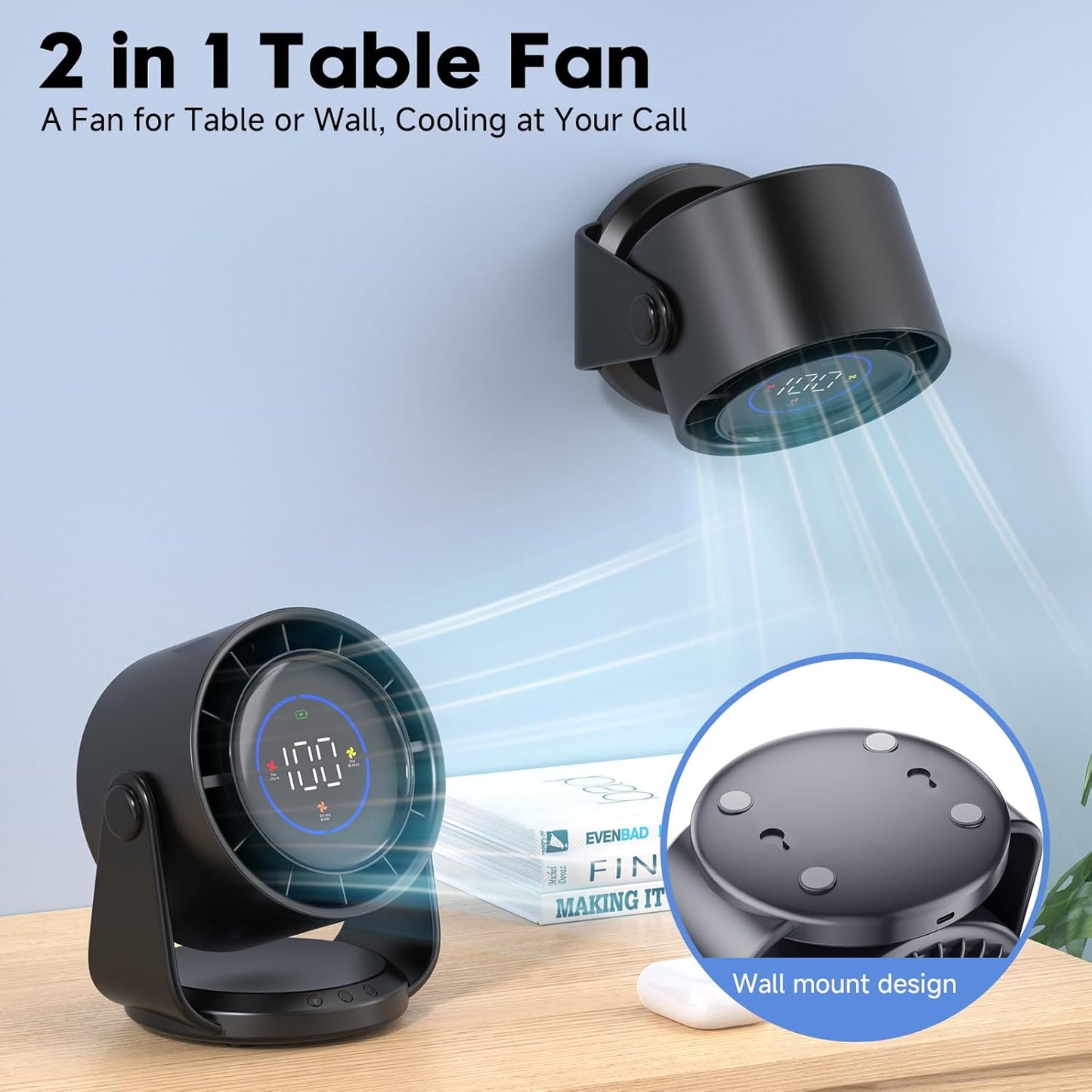 YOSHENMO Turbo Desk Fan - 100-Speed Digital Display, Low Noise, 7.5-Inch, Rechargeable Battery, Adjustable Tilt | Dark Black