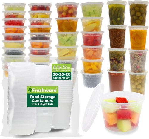 Freshware Food Storage Containers - 60 Count Set | 8, 16, 32 oz, Leakproof, BPA Free, Microwave & Freezer Safe
