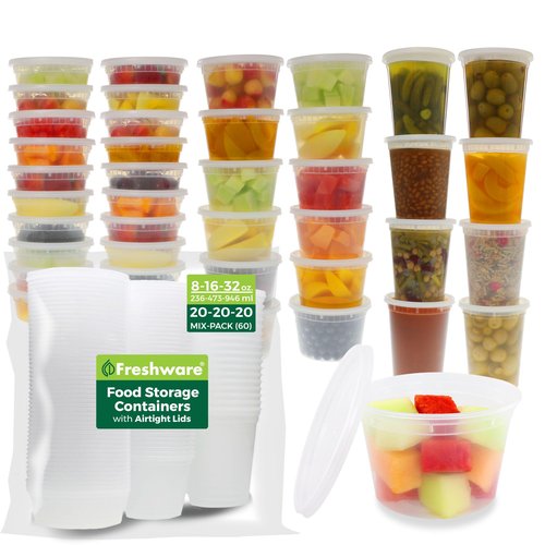 Freshware Food Storage Containers with Lids [60 Pack 8, 16, 32 oz, 20 sets each size] Plastic Deli Containers, Meal Prep Containers, Microwave and Freezer Safe, Stackable, Leakproof, BPA Free, Clear