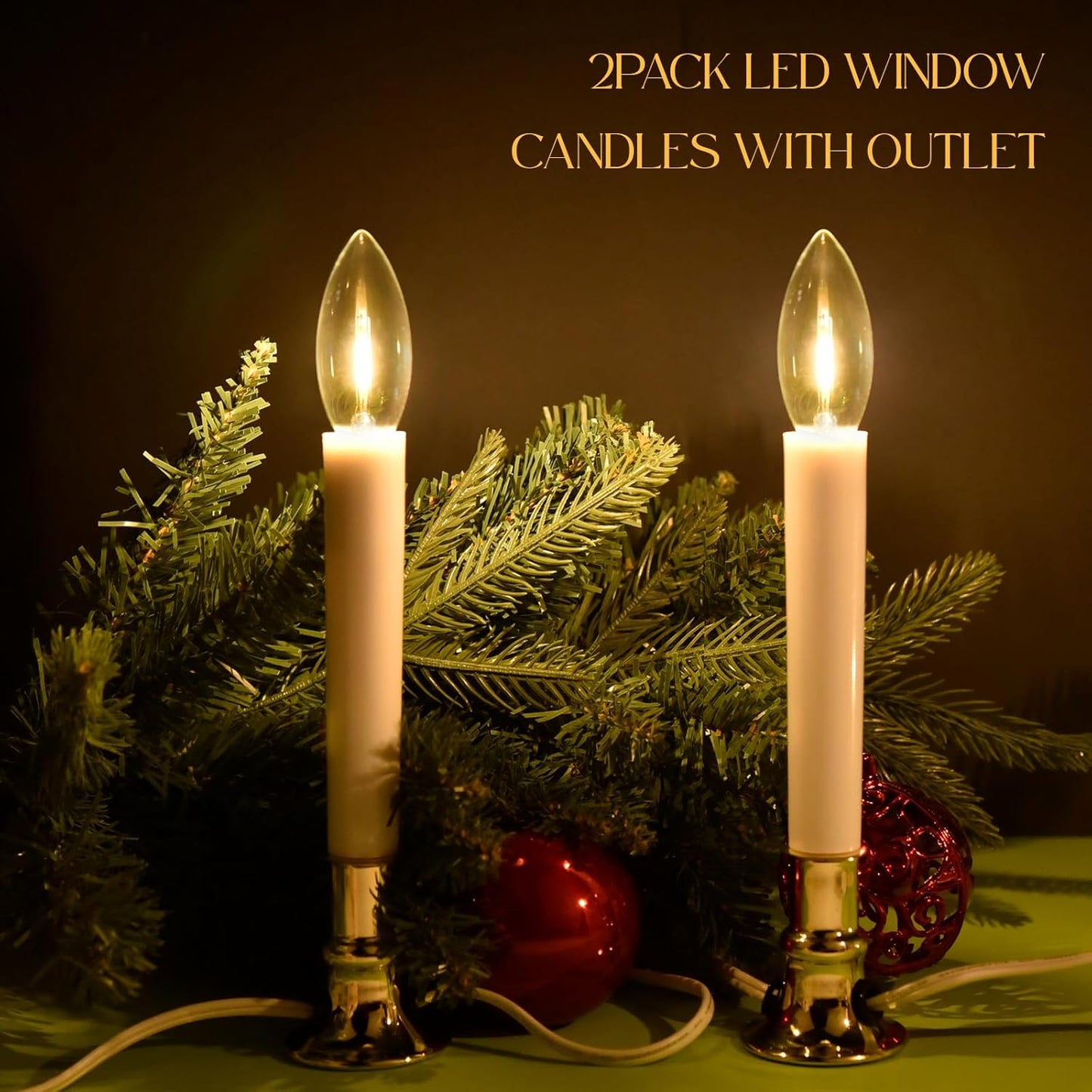 Skiennix Christmas Electric Window Candle Lights - 2 Pack with Gold Base & 6FT Cord | Clear Bulb & Suction Cups