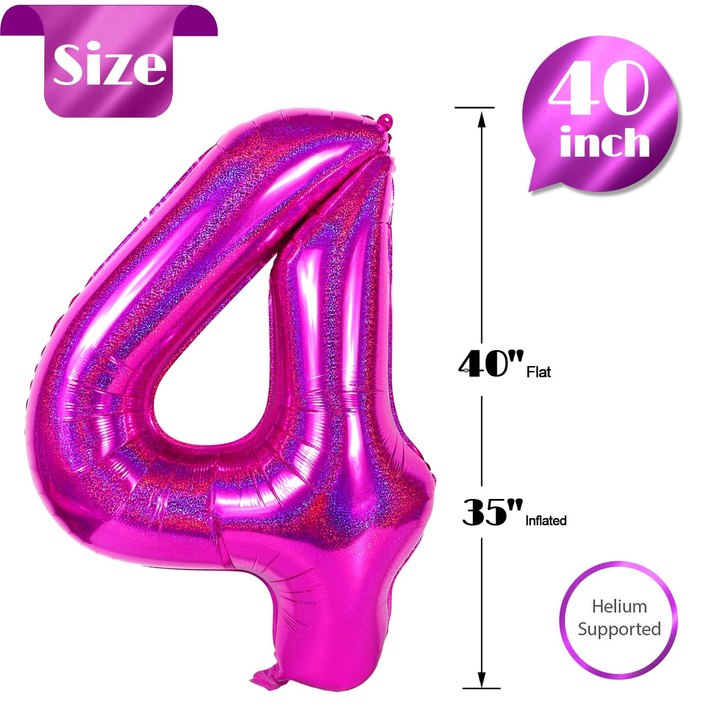 Laser Hot Pink 4 Balloon, Number Balloons 40 Inch, 4th Birthday Decorations for Girls Four Large Numbers for Party Decor, Number 4 Balloon