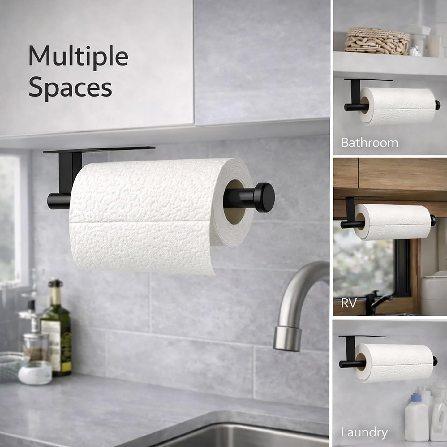 Skiennix Paper Towel Holder - Self-Adhesive or Screw Mount - Black SUS304 Stainless Steel for Kitchen & Bathroom