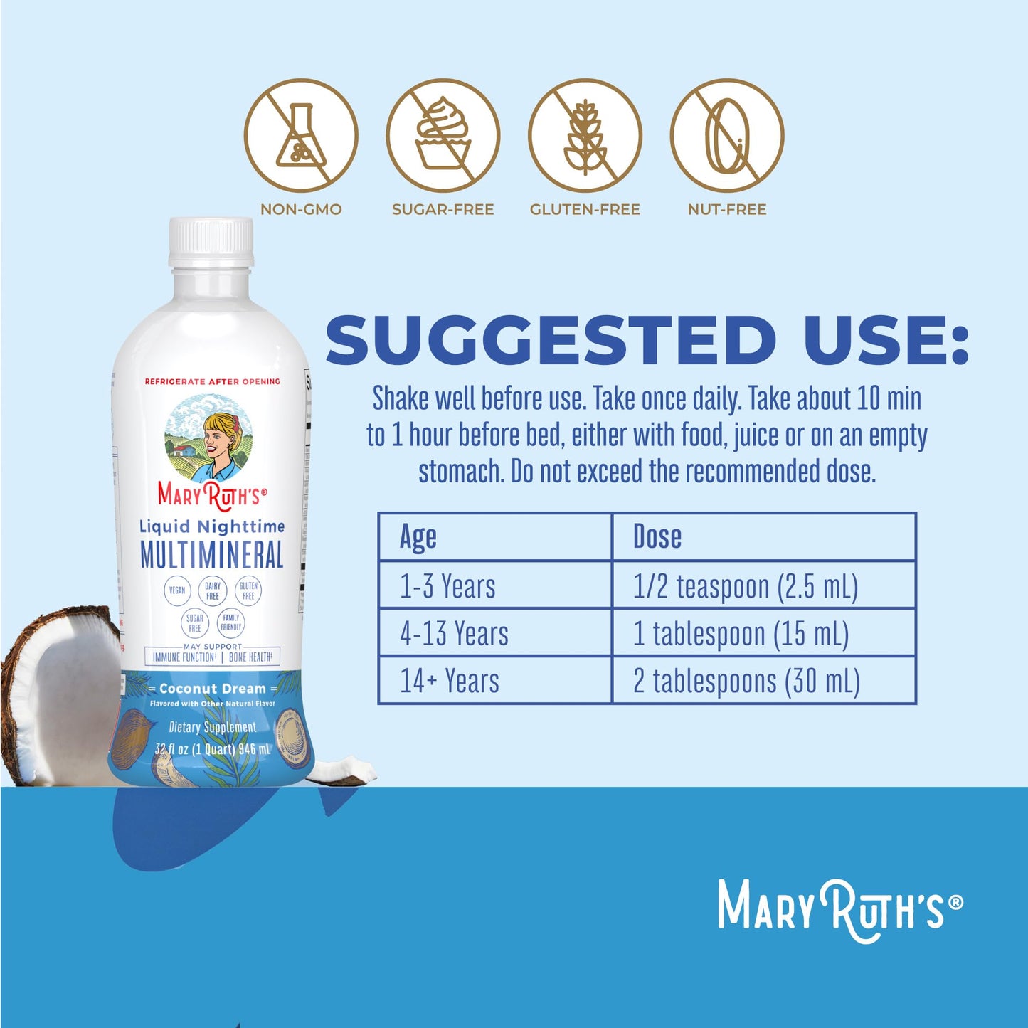 MaryRuth's Liquid Nighttime Multimineral | No Melatonin | Bedtime Routine | Magnesium Citrate | Calcium | Zinc | Vitamin D3| Available in 4 Flavor - Vegan | Sugar Free | Gluten Free | 32 Oz