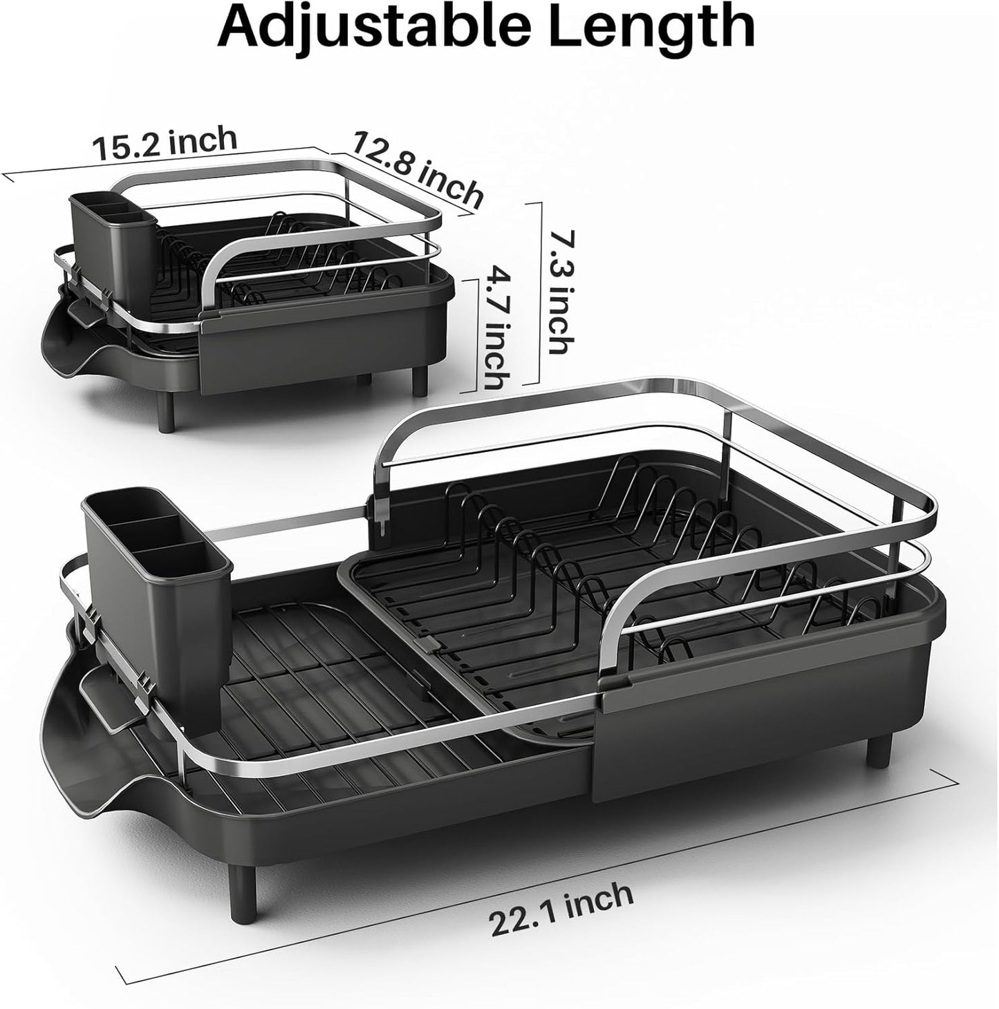 SNTD Stainless Steel Dish Drying Rack - Expandable Kitchen Counter Drainer with Drainboard & Utensil Holder (Black)